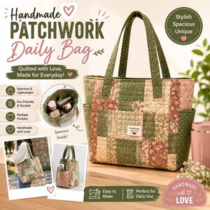 DIY Patchwork Tote Bag Handmade Quilted Bag Create Your Own Tote Bag Unique Everyday Fabric Bag Stylish & Practical Gift