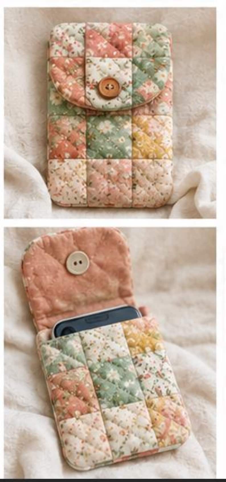 May include: A quilted fabric phone pouch featuring a patchwork design of floral patterns in shades of peach, sage green, and cream. The pouch has a flap closure secured by a round wooden button and contains a black smartphone inside.