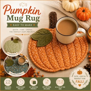 Könnte beinhalten: Ein kürbisförmiger Tassenuntersetzer aus orangefarbenem Stoff mit kleinem weißem Blumenmuster, einem dunkelbraunen Stiel und einem grünen Blatt. Der Text lautet Pumpkin Mug Rug, Easy to Make, Quick, Fun, Useful, The Perfect Cozy Project und Cute, Cozy & Perfect for Fall.