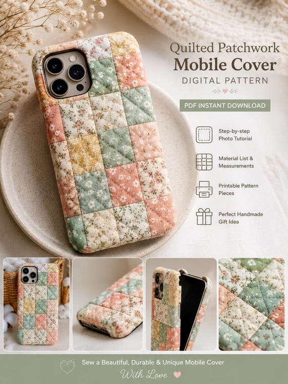 Quilted Patchwork Mobile Cover Pattern PDF DIY Fabric Phone Case Tutorial Handmade Quilted Phone Pouch Cottage core Patchwork Sewing Pattern