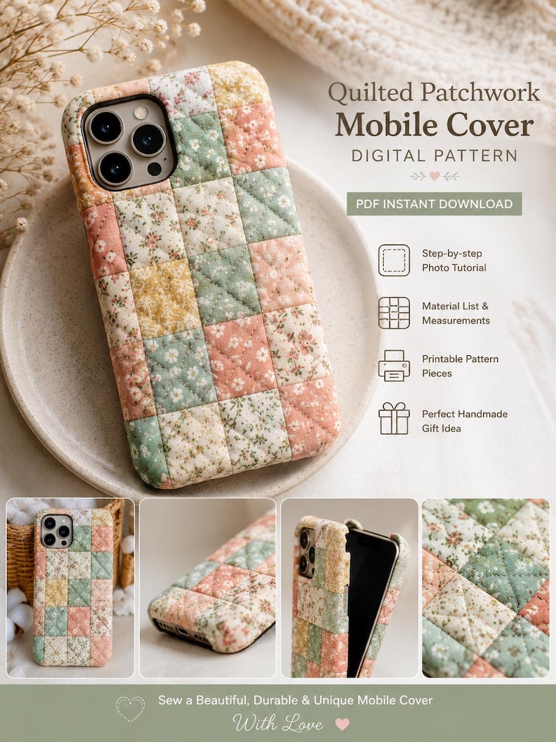 May include: A quilted patchwork mobile cover digital pattern featuring a grid of floral fabric squares in soft shades of pink, green, and yellow. The text reads Quilted Patchwork Mobile Cover, Digital Pattern, PDF Instant Download, Step-by-step Photo Tutorial, Material List & Measurements, Printable Pattern Pieces, Perfect Handmade Gift Idea, and Sew a Beautiful, Durable & Unique Mobile Cover With Love.