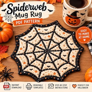 May include: A quilted fabric mug rug shaped like a spiderweb with a cream background featuring small orange pumpkins, black bats, and autumn leaves. The web structure is outlined in black fabric with a black border containing orange stars.