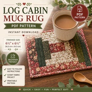 Könnte beinhalten: Ein quadratischer, gesteppter Tassenuntersetzer mit Log-Cabin-Muster aus floralen Stoffen in Rot, Grün und Creme. Der Text lautet LOG CABIN MUG RUG, PDF PATTERN, INSTANT DOWNLOAD, FINISHED SIZE 16.5 cm x 16.5 cm, BEGINNER FRIENDLY und EASY TO FOLLOW INSTRUCTIONS.