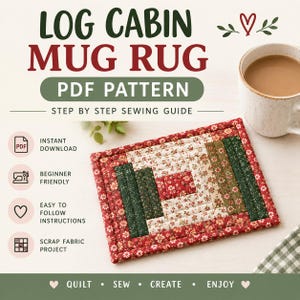 Könnte beinhalten: Ein rechteckiger, gesteppter Tassenuntersetzer mit Log-Cabin-Muster aus roten, grünen und cremefarbenen Blumenstoffen. Der Text lautet LOG CABIN MUG RUG PDF PATTERN, STEP BY STEP SEWING GUIDE, INSTANT DOWNLOAD, BEGINNER FRIENDLY, EASY TO FOLLOW INSTRUCTIONS, SCRAP FABRIC PROJECT, QUILT, SEW, CREATE, ENJOY.