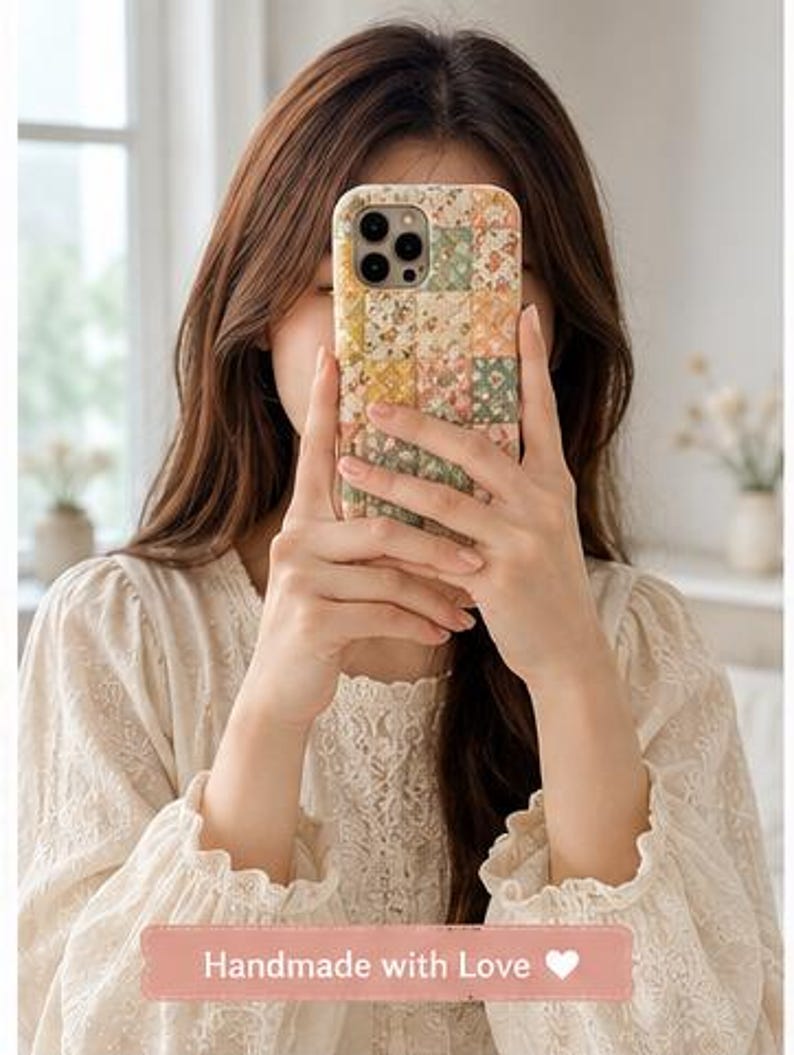May include: A rectangular smartphone case featuring a patchwork design of various floral patterns in soft shades of yellow, green, pink, and white. The case has a camera cutout at the top left and a rectangular pink label at the bottom with the text Handmade with Love and a white heart symbol.