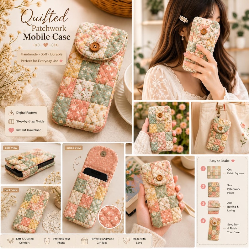Quilted Patchwork Mobile Cover Pattern PDF DIY Fabric Phone Case Tutorial Handmade Quilted Phone Pouch Cottage core Patchwork Sewing Pattern image 3
