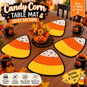 Könnte beinhalten: Ein Set aus vier gesteppten Tischsets in Form von Zuckermais, mit weißen, orangefarbenen und gelben Abschnitten und Halloween-Motiven. Die Sets liegen auf einem Holztisch mit schwarzen Kürbis-Tassen und einem Kürbis-Mittelstück.