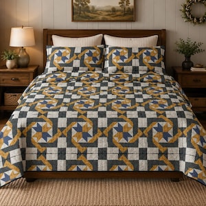 Golden Twisted Chain Pinwheel Quilt Pattern PDF  Easy Patchwork Quilt Double Bed Size  DIY Quilt Tutorial