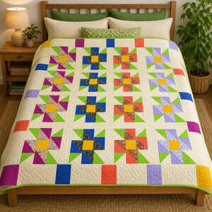 Pinwheel Garden Single Bed Quilt Pattern Patchwork Quilt Sewing Tutorial Digital Download