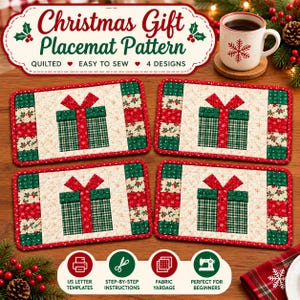 Puede incluir: Un juego de cuatro manteles individuales acolchados rectangulares con un diseño central de regalo de Navidad con lazo rojo, rodeado de bordes con patrones verdes y rojos. El texto dice Christmas Gift Placemat Pattern, Quilted, Easy to Sew, 4 Designs.