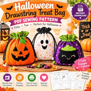 May include: Three fabric drawstring treat bags featuring Halloween designs: an orange pumpkin, a white ghost with stars, and a purple cauldron. The bags have green or black ruffled tops and black cords. Text includes Halloween Drawstring Treat Bag.