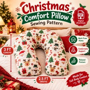 Può includere: Un cuscino per il corpo a forma di U con una stampa natalizia festiva raffigurante Babbo Natale, renne, pupazzi di neve, alberi di pino e regali su sfondo crema. Il cuscino è indicato come lungo 3 piedi e largo 2,5 piedi con testo.