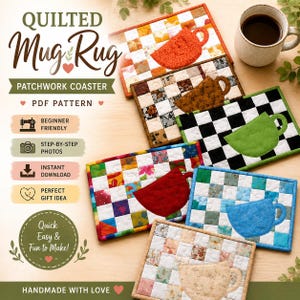 Quilted Mug Rug Pattern PDF Patchwork Coffee Coaster Tutorial with Step-by-Step Guide Beginner Friendly Sewing Pattern