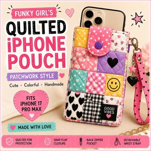 Girls Funky Mobile Pouch Cute Colorful Quilted Phone Case, Handmade Patchwork Phone Bag with Wrist Strap, Gift for Her
