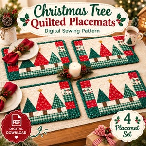 Puede incluir: Un patrón de costura digital para manteles individuales acolchados de árbol de Navidad con cuatro manteles rectangulares con un motivo de árboles rojos y verdes, fondo blanco y borde verde oscuro. El set incluye una descarga PDF para 4 manteles.