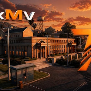 Puede incluir: Imagen digital de un edificio con el texto "TxMV" en naranja y blanco. La escena está ambientada al atardecer, con un cielo vibrante y un gran logotipo "TM" en primer plano. El edificio tiene un diseño clásico.