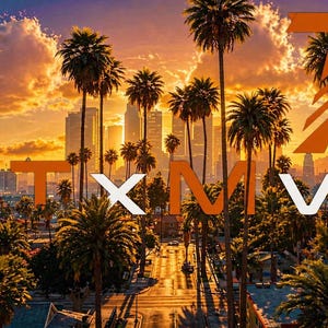 May include: A cityscape at sunset, with palm trees in the foreground. The sky is a mix of orange and yellow. The image features the text "TXMV" in orange and white.
