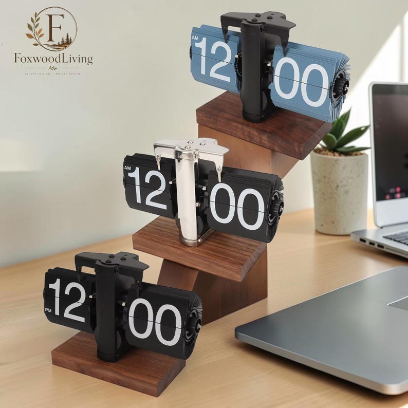 Time Clock Computer Stand Vintage Flip Clock Retro Mechanical Desktop Clock Battery Powered ...
