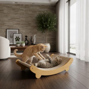 Wooden Cat Scratcher Lounge Bed – Replaceable Corrugated Board Scratch Pad, Modern Kitten Sofa Toy