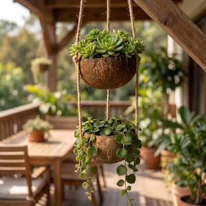May include: Two hanging planters made from coconut shells, suspended by rope. The top planter holds green succulents, while the bottom one features trailing green plants. The planters are set against a blurred outdoor background.