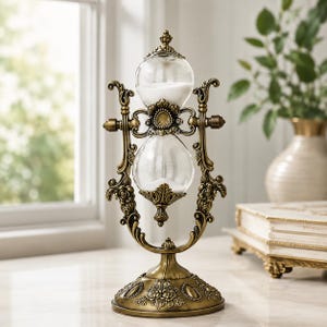 Può includere: Una clessidra in stile antico con una struttura in metallo color bronzo e bulbi in vetro trasparente. La clessidra è riempita di sabbia bianca e presenta dettagli floreali e volute ornate. Si erge su una base decorativa.