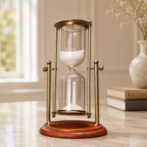 May include: An hourglass with a clear glass body and white sand, set in a brass-colored metal frame. The hourglass sits on a round, dark brown wooden base. The design is classic and decorative.