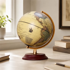 Op maat gegraveerde houten wereldbol, vintage roterende wereldkaart bureaudecor, gepersonaliseerd reiscadeau