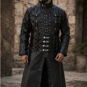 Men's Black Leather Gothic Steampunk Hellraiser Coat