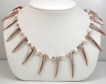 Mermaid Shell Necklace - Spiked Shell Pearls Crystal Fine Silver Clasp - Boho Beach Wear