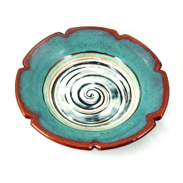 Scalloped Rim Bowl - Altered Bowl - Carved Rim Bowl - Turquoise Serving Dish - Orange Shino Bowl - Decorative Dish - Handmade Shallow Dish