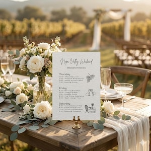 May include: A white rectangular card titled Napa Valley Weekend Weekend Itinerary with black text and line drawings of grapes, wine glasses, and a table setting. The card is held by a gold stand on a wooden table with white roses and greenery.