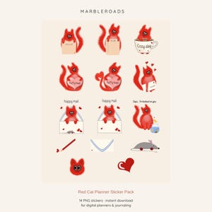 Op de afbeelding: Een digitaal stickerpakket met 14 illustraties van een pluizige rode kat. De set bevat katten met notitieblokken, koffiemokken, harten en enveloppen met tekst zoals 'to do', 'cozy day', 'fluffy hugs', 'happy mail' en 'Oops... I'm hooked on you'.
