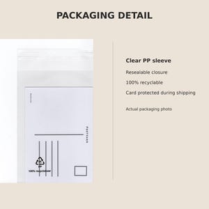 May include: A clear, resealable PP sleeve containing a white postcard with black lines and a recycling symbol. Text on the image reads: PACKAGING DETAIL, Clear PP sleeve, Resealable closure, 100% recyclable, Card protected during shipping, Actual packaging photo.