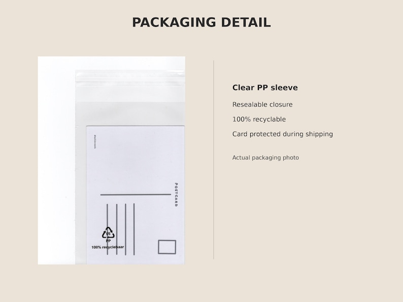May include: A clear, resealable PP sleeve containing a white postcard with black lines and a recycling symbol. Text on the image reads: PACKAGING DETAIL, Clear PP sleeve, Resealable closure, 100% recyclable, Card protected during shipping, Actual packaging photo.
