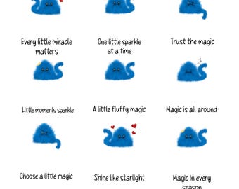 Może przedstawiać: Kolekcja dwunastu małych kart zatytułowanych Little Notes of Magic. Każda karta przedstawia niebieskie, puszyste stworzenie z różnymi wyrazami twarzy i akcesoriami, wraz z frazami takimi jak Magic begins here.