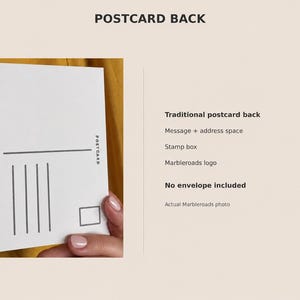May include: A white rectangular postcard back featuring a vertical line dividing the space, four horizontal lines for an address, a square stamp box in the top right corner, and the word POSTCARD printed vertically along the right edge.
