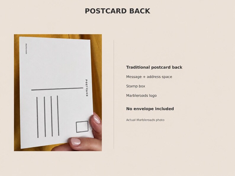 May include: A white rectangular postcard back featuring a vertical line dividing the space, four horizontal lines for an address, a square stamp box in the top right corner, and the word POSTCARD printed vertically along the right edge.
