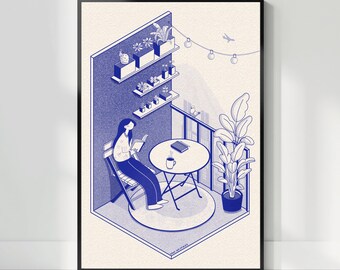 Minimalist Blue Illustration Woman Reading | Bedroom Wall Decor | Female Abstract Print | Book Lover INSTANT DOWNLOAD
