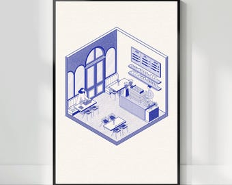 Isometric Coffee Shop Print, Monochrome Café Illustration, Minimal Kitchen Wall Art, Modern Line Art Poster, INSTANT DOWNLOAD