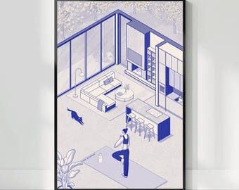 Minimalist Yoga Woman Art Print: Blue Isometric Room Illustration (Digital Download)