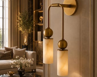 Handmade Brass Alabaster Double Sconce, Mid Century Modern Wall Light