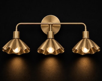 Brass 3-Light Flower Shade Vanity Lamp | Mid Century Wall Sconce Lamp Raw Brass Finish | Italian Fixtures Bedroom Mirror Lights Handmade