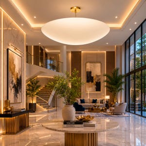 May include: A large, circular, white pendant light fixture with a gold-toned canopy hangs in a spacious room. The fixture emits a soft, diffused glow, illuminating the surrounding area, which includes a marble floor, a staircase, and furniture.