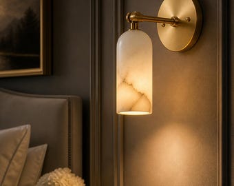 Handcrafted Brass Wall Sconce with Alabaster Glass Shade | Mid Century Modern Lighting
