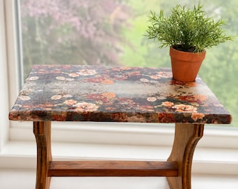 Floral Cottage Step Stool, Wood Plant Stool, French Country Decor