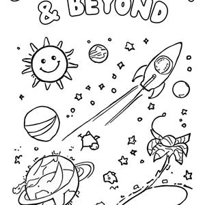 May include: A black and white coloring page titled SOLAR SYSTEM & BEYOND featuring a smiling sun, a rocket ship, various planets, stars, and an alien spacecraft. The bottom text reads A BetterFlow Studio Coloring Book.