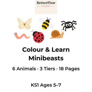 Könnte beinhalten: Ein digitales Bildungsdokument mit dem Titel Colour & Learn Minibeasts von BetterFlow Studio. Es enthält Illustrationen eines Schmetterlings, einer Biene, einer Spinne, eines Wurms, eines Marienkäfers und einer Schnecke. Der Text gibt 6 Animals, 3 Tiers, 18 Pages, KS1 Ages 5-7 an.