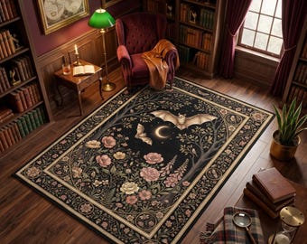 Bats Crescent Moon Rug, Witchy Goth Area Rug | Modern Home Art, Birthday Home Gift
