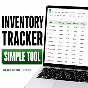 May include: A laptop displays an inventory tracker spreadsheet. The screen shows item details like category, cost, price, and status. Text on the screen includes "Nike Hoodie," "Adidas Trainers," and "Levi's Jeans." The image also features the text "INVENTORY TRACKER SIMPLE TOOL Google Sheets Template."