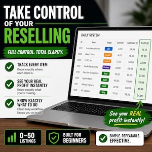 May include: A laptop screen shows a "Daily System" for reselling, detailing costs, prices, and profits. The image promotes "Take Control of Your Reselling". Text includes "Track Every Item" and "See Your Real Profit Instantly". Measurements are in pounds.